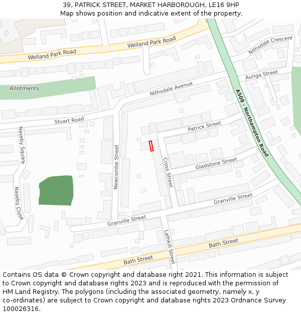 39, PATRICK STREET, MARKET HARBOROUGH, LE16 9HP: Location map and indicative extent of plot
