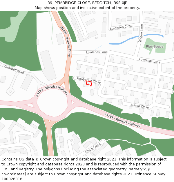 39, PEMBRIDGE CLOSE, REDDITCH, B98 0JP: Location map and indicative extent of plot