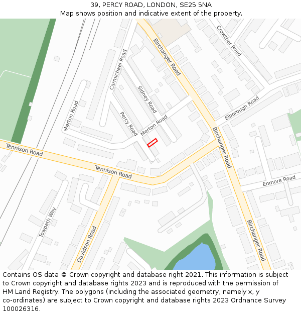 39, PERCY ROAD, LONDON, SE25 5NA: Location map and indicative extent of plot