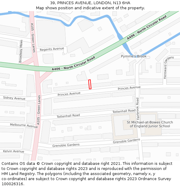 39, PRINCES AVENUE, LONDON, N13 6HA: Location map and indicative extent of plot