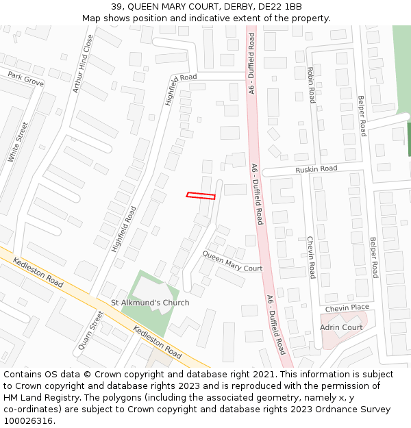 39, QUEEN MARY COURT, DERBY, DE22 1BB: Location map and indicative extent of plot