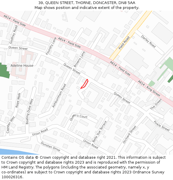 39, QUEEN STREET, THORNE, DONCASTER, DN8 5AA: Location map and indicative extent of plot