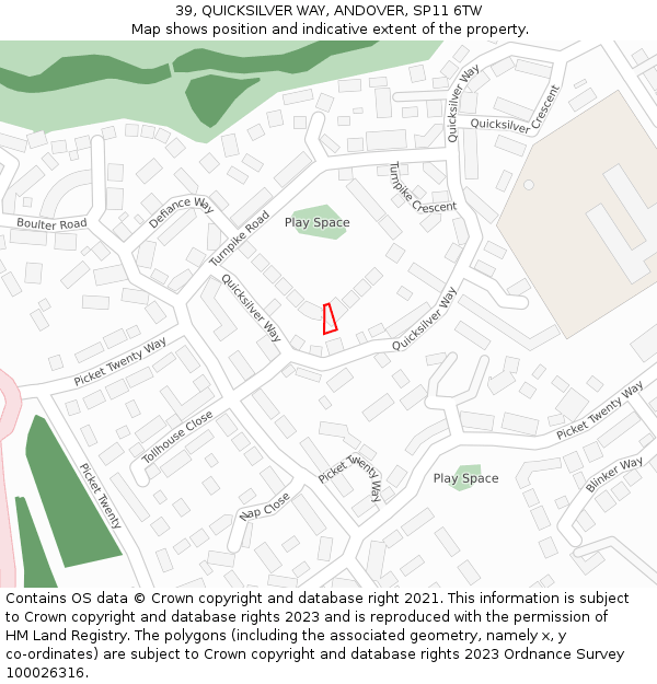 39, QUICKSILVER WAY, ANDOVER, SP11 6TW: Location map and indicative extent of plot