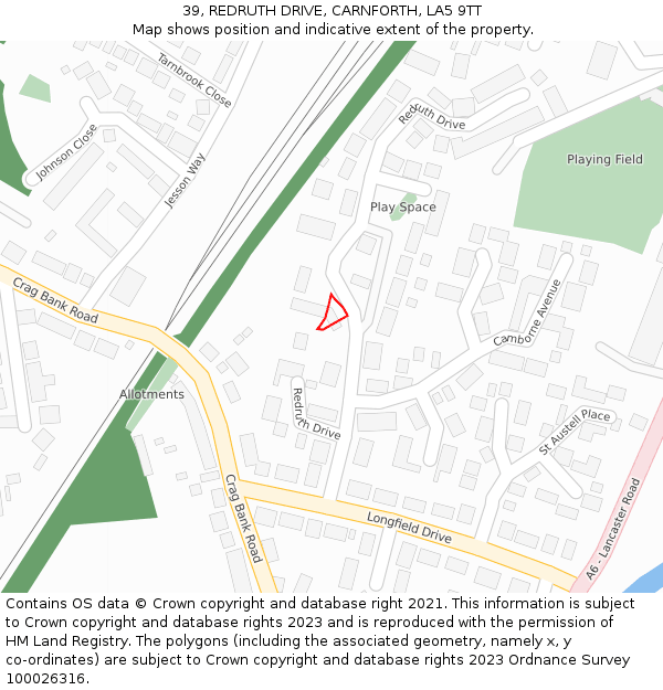 39, REDRUTH DRIVE, CARNFORTH, LA5 9TT: Location map and indicative extent of plot