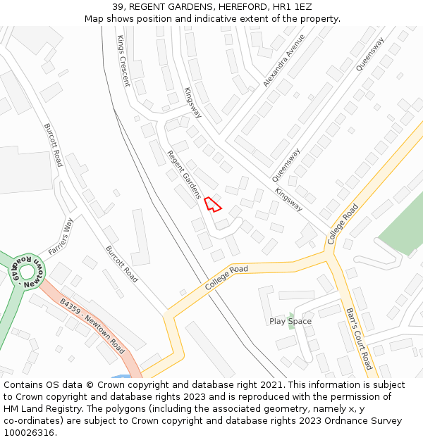 39, REGENT GARDENS, HEREFORD, HR1 1EZ: Location map and indicative extent of plot