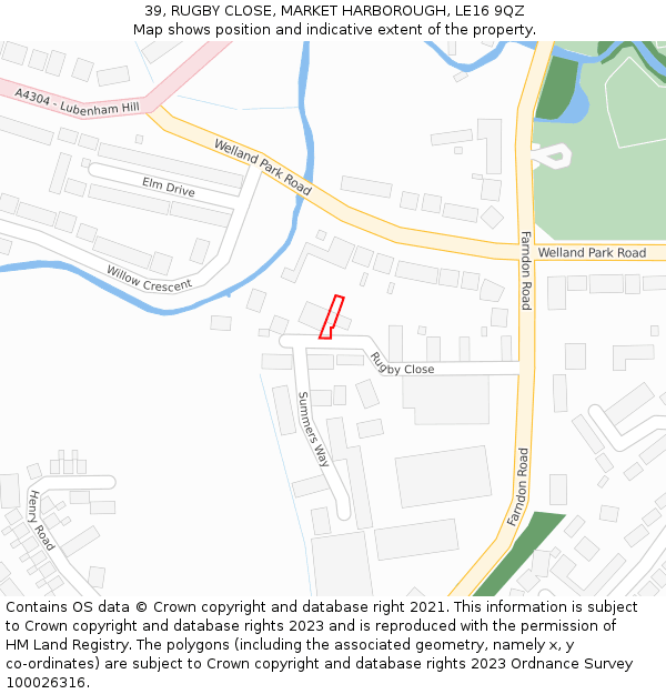 39, RUGBY CLOSE, MARKET HARBOROUGH, LE16 9QZ: Location map and indicative extent of plot
