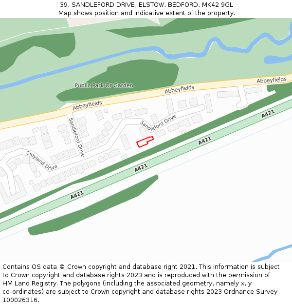 39, SANDLEFORD DRIVE, ELSTOW, BEDFORD, MK42 9GL: Location map and indicative extent of plot