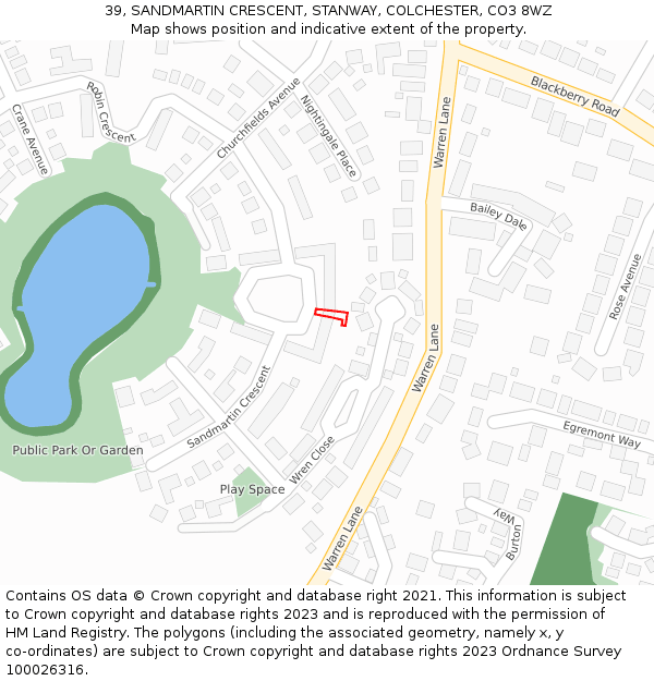39, SANDMARTIN CRESCENT, STANWAY, COLCHESTER, CO3 8WZ: Location map and indicative extent of plot