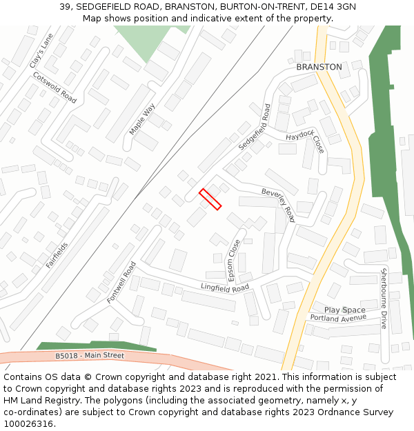 39, SEDGEFIELD ROAD, BRANSTON, BURTON-ON-TRENT, DE14 3GN: Location map and indicative extent of plot