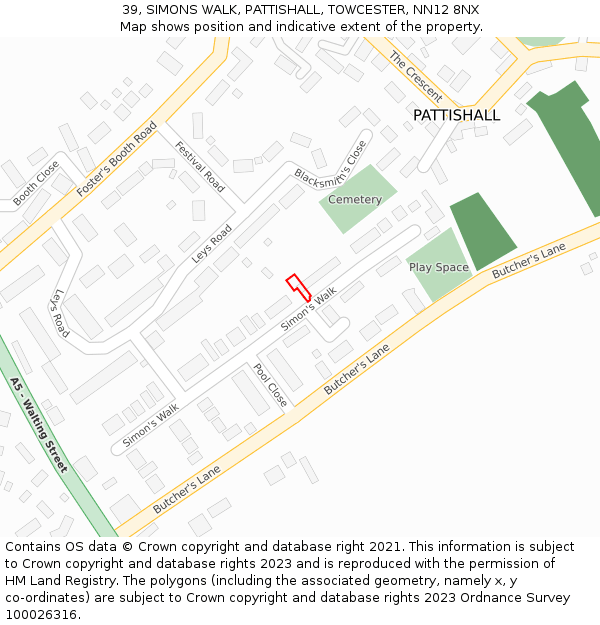 39, SIMONS WALK, PATTISHALL, TOWCESTER, NN12 8NX: Location map and indicative extent of plot