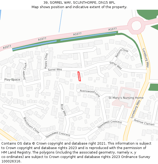 39, SORREL WAY, SCUNTHORPE, DN15 8PL: Location map and indicative extent of plot