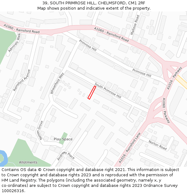 39, SOUTH PRIMROSE HILL, CHELMSFORD, CM1 2RF: Location map and indicative extent of plot