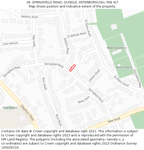 39, SPRINGFIELD ROAD, OUNDLE, PETERBOROUGH, PE8 4LT: Location map and indicative extent of plot