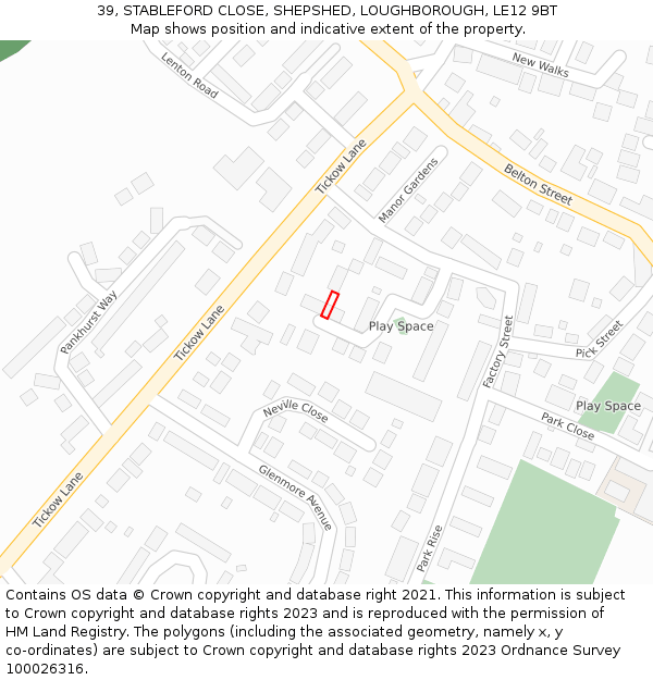 39, STABLEFORD CLOSE, SHEPSHED, LOUGHBOROUGH, LE12 9BT: Location map and indicative extent of plot