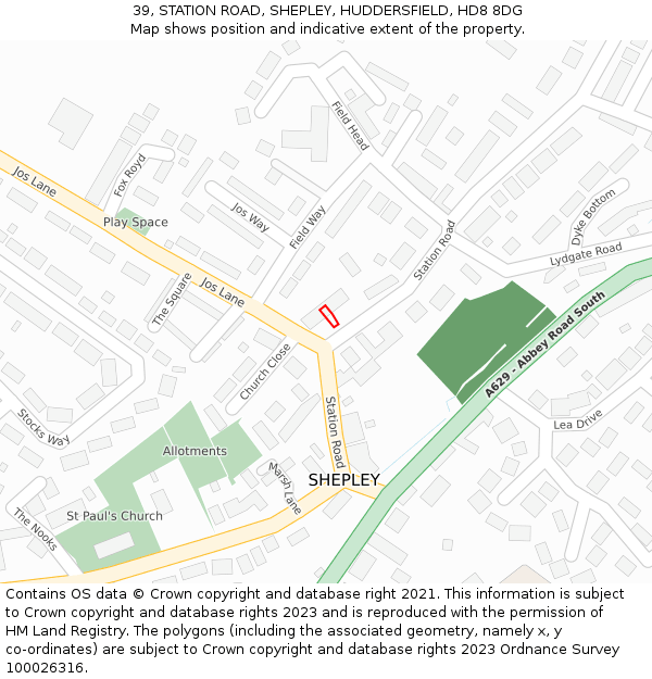 39, STATION ROAD, SHEPLEY, HUDDERSFIELD, HD8 8DG: Location map and indicative extent of plot