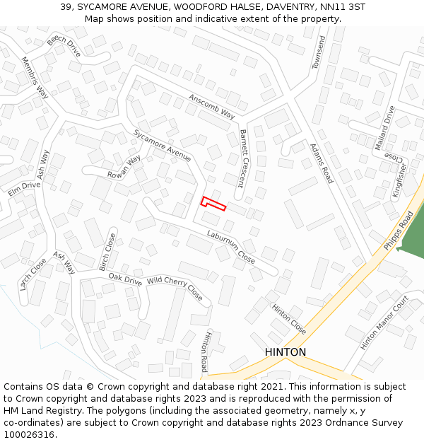 39, SYCAMORE AVENUE, WOODFORD HALSE, DAVENTRY, NN11 3ST: Location map and indicative extent of plot
