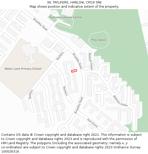 39, TAYLIFERS, HARLOW, CM19 5RE: Location map and indicative extent of plot