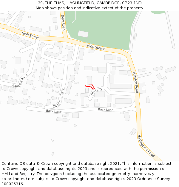 39, THE ELMS, HASLINGFIELD, CAMBRIDGE, CB23 1ND: Location map and indicative extent of plot