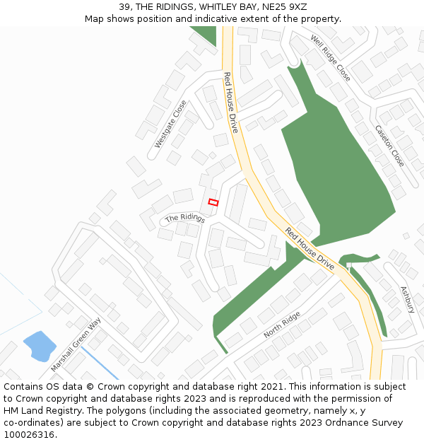 39, THE RIDINGS, WHITLEY BAY, NE25 9XZ: Location map and indicative extent of plot