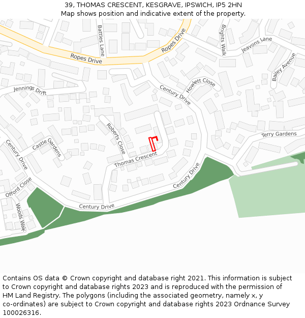 39, THOMAS CRESCENT, KESGRAVE, IPSWICH, IP5 2HN: Location map and indicative extent of plot