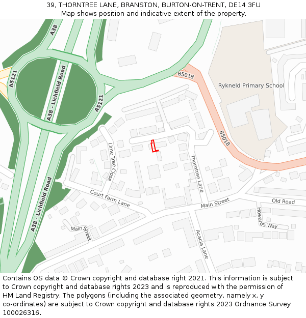 39, THORNTREE LANE, BRANSTON, BURTON-ON-TRENT, DE14 3FU: Location map and indicative extent of plot
