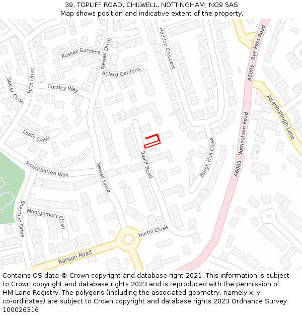 39, TOPLIFF ROAD, CHILWELL, NOTTINGHAM, NG9 5AS: Location map and indicative extent of plot