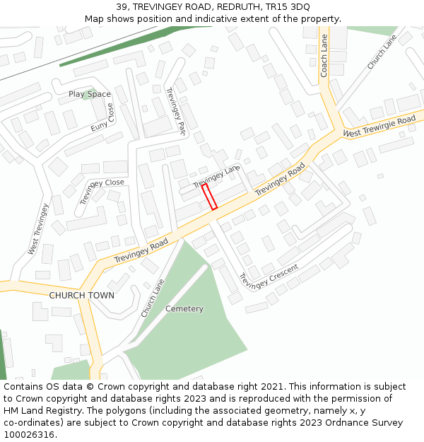 39, TREVINGEY ROAD, REDRUTH, TR15 3DQ: Location map and indicative extent of plot