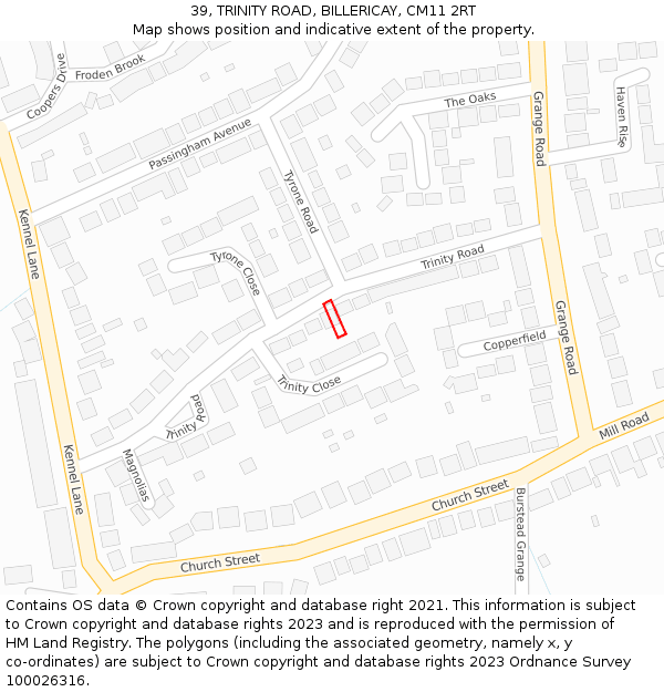 39, TRINITY ROAD, BILLERICAY, CM11 2RT: Location map and indicative extent of plot