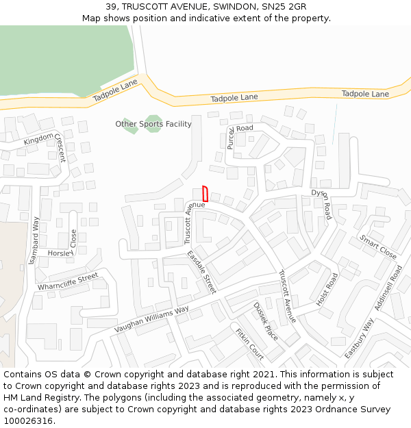 39, TRUSCOTT AVENUE, SWINDON, SN25 2GR: Location map and indicative extent of plot