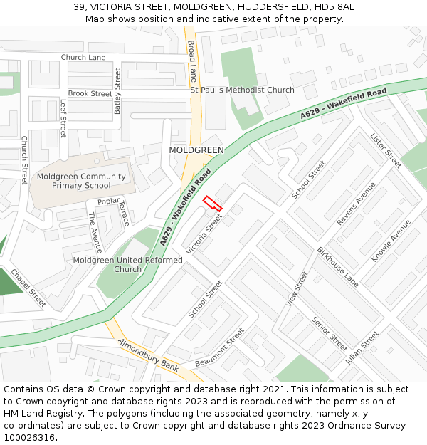 39, VICTORIA STREET, MOLDGREEN, HUDDERSFIELD, HD5 8AL: Location map and indicative extent of plot