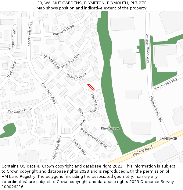 39, WALNUT GARDENS, PLYMPTON, PLYMOUTH, PL7 2ZF: Location map and indicative extent of plot