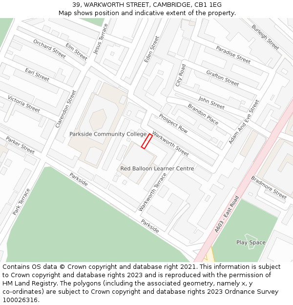 39, WARKWORTH STREET, CAMBRIDGE, CB1 1EG: Location map and indicative extent of plot