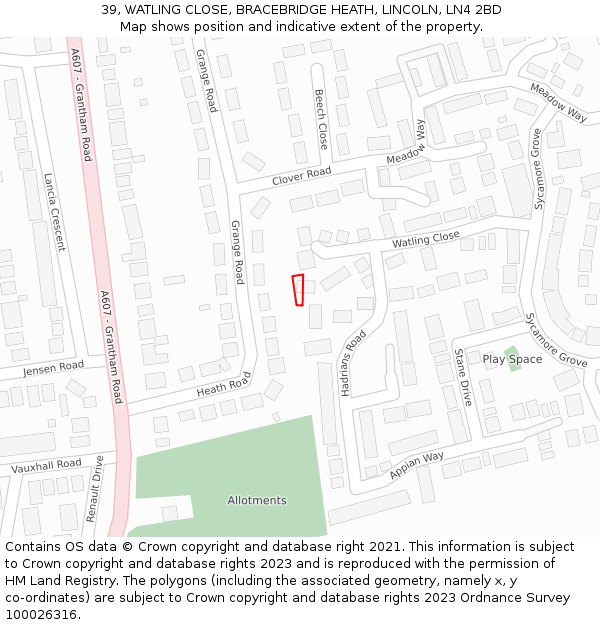 39, WATLING CLOSE, BRACEBRIDGE HEATH, LINCOLN, LN4 2BD: Location map and indicative extent of plot