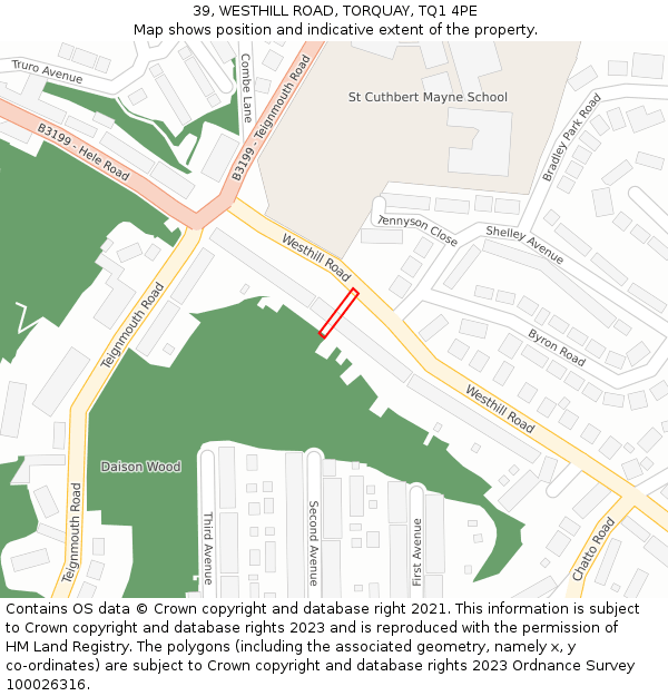 39, WESTHILL ROAD, TORQUAY, TQ1 4PE: Location map and indicative extent of plot