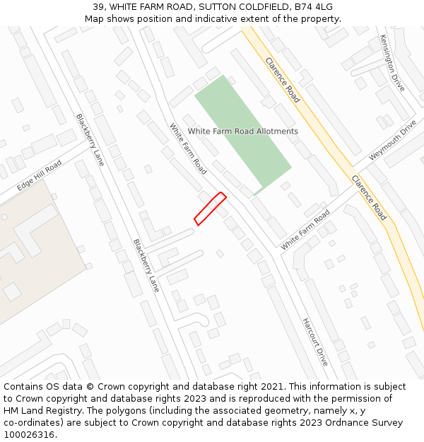 39, WHITE FARM ROAD, SUTTON COLDFIELD, B74 4LG: Location map and indicative extent of plot