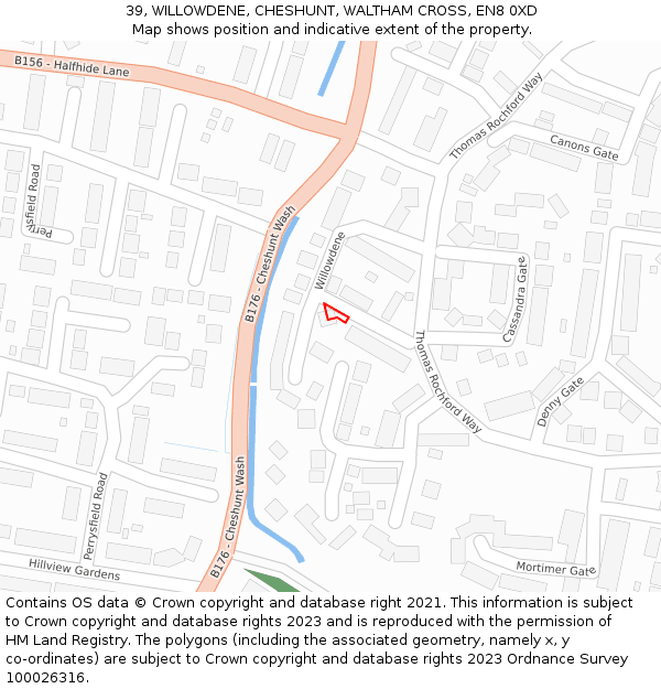 39, WILLOWDENE, CHESHUNT, WALTHAM CROSS, EN8 0XD: Location map and indicative extent of plot