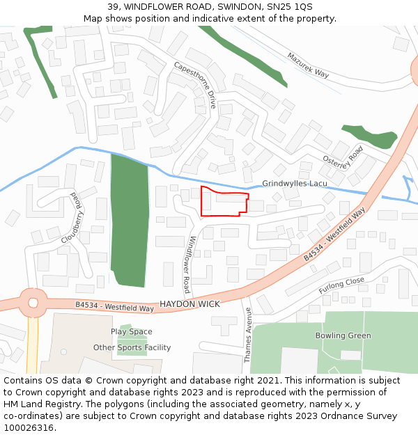 39, WINDFLOWER ROAD, SWINDON, SN25 1QS: Location map and indicative extent of plot