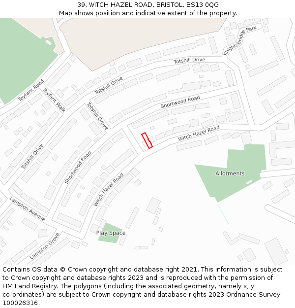 39, WITCH HAZEL ROAD, BRISTOL, BS13 0QG: Location map and indicative extent of plot