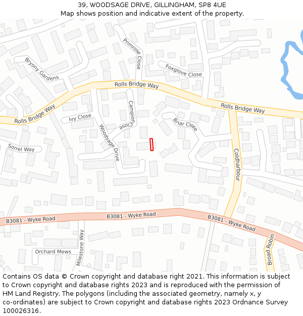 39, WOODSAGE DRIVE, GILLINGHAM, SP8 4UE: Location map and indicative extent of plot