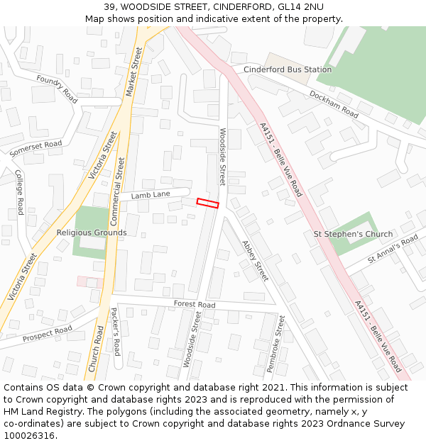 39, WOODSIDE STREET, CINDERFORD, GL14 2NU: Location map and indicative extent of plot