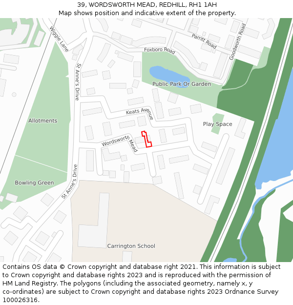 39, WORDSWORTH MEAD, REDHILL, RH1 1AH: Location map and indicative extent of plot