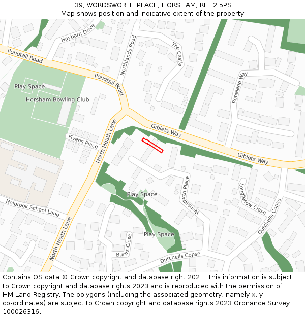 39, WORDSWORTH PLACE, HORSHAM, RH12 5PS: Location map and indicative extent of plot