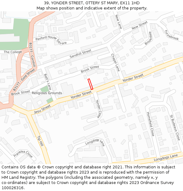 39, YONDER STREET, OTTERY ST MARY, EX11 1HD: Location map and indicative extent of plot