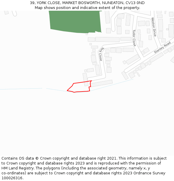 39, YORK CLOSE, MARKET BOSWORTH, NUNEATON, CV13 0ND: Location map and indicative extent of plot