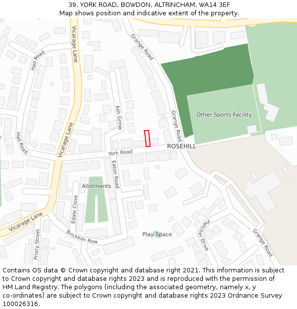 39, YORK ROAD, BOWDON, ALTRINCHAM, WA14 3EF: Location map and indicative extent of plot