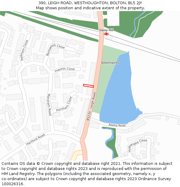 390, LEIGH ROAD, WESTHOUGHTON, BOLTON, BL5 2JY: Location map and indicative extent of plot