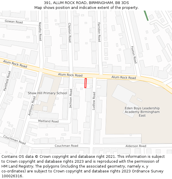 391, ALUM ROCK ROAD, BIRMINGHAM, B8 3DS: Location map and indicative extent of plot
