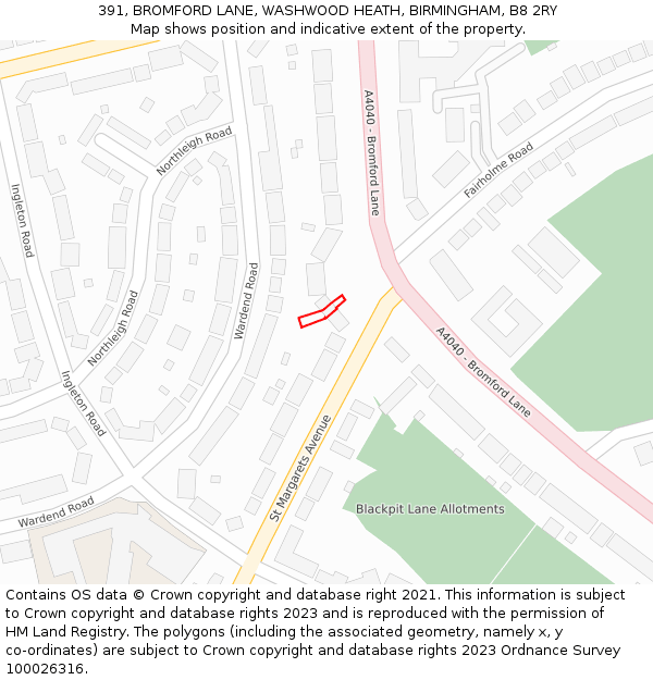 391, BROMFORD LANE, WASHWOOD HEATH, BIRMINGHAM, B8 2RY: Location map and indicative extent of plot