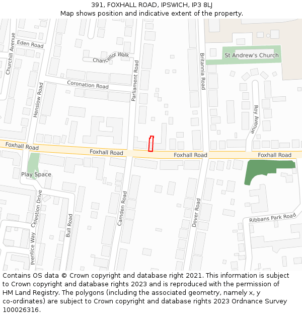 391, FOXHALL ROAD, IPSWICH, IP3 8LJ: Location map and indicative extent of plot