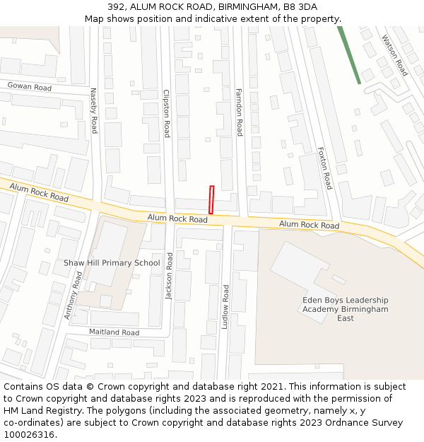 392, ALUM ROCK ROAD, BIRMINGHAM, B8 3DA: Location map and indicative extent of plot